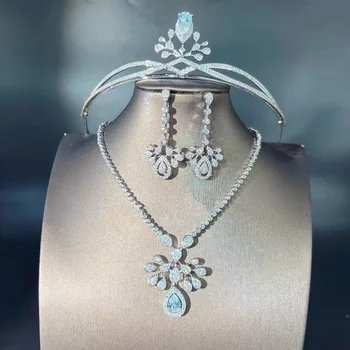 CC Wedding Tiara Jewelry Sets Engagement Accessories Women Bridal Dress Party Jewellery Silver Color Crown Necklace Earring Sets
