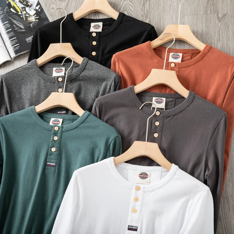 

Summer New American Retro Long-sleeved O-neck Soild Color T-shirt Men's Fashion Simple 100% Cotton Washed Casual Sport Tops