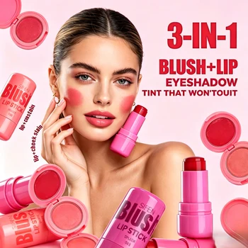 3-in-1 Jelly Blush Stick Lip Tint Waterproof Long Lasting Cream Blush for Cheeks and Lips