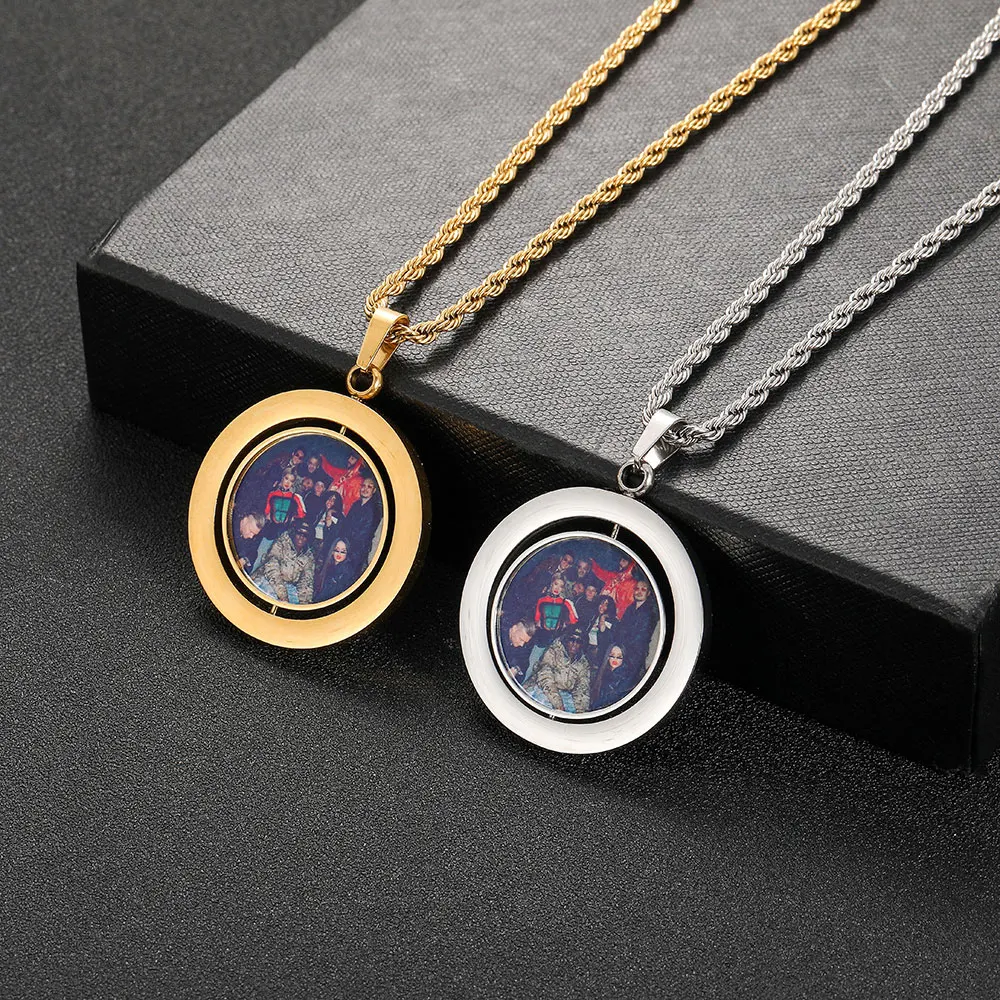 Hip Hop Photos Customize Spin Double Sided Round Stainless Steel Picture Pendant Necklace Jewelry metal jewelry display plate double sided multi function plate ring earring necklace pendant look at the goods storage tray
