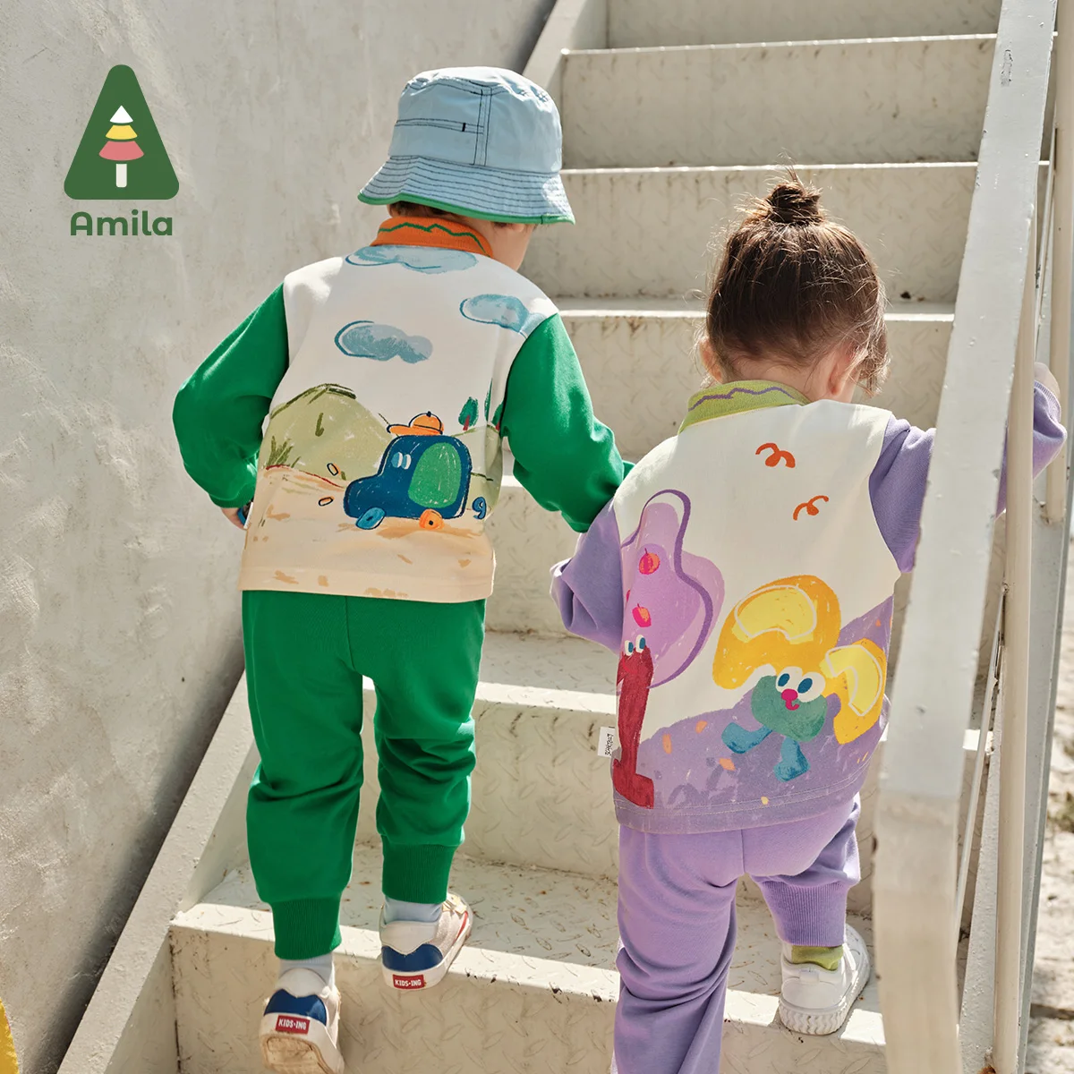 Amila Baby Suit Spring New Splicing Contrast Polo Collar Elastic Breathable Casual Boys & Girls Outfit kids clothes set baby girl clothing set
