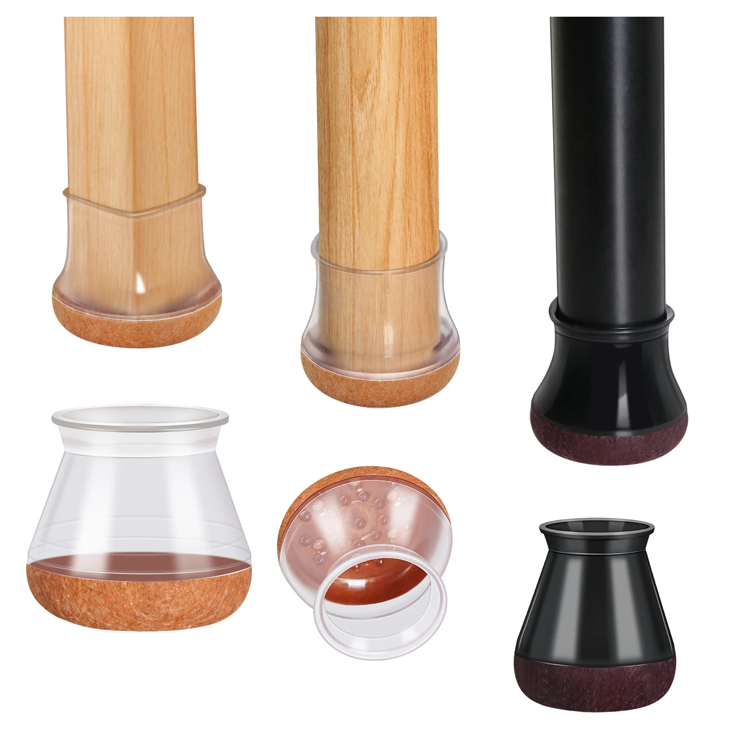 16PCS Black Silicone Chair Leg Floor Protectors with Wrapped Felt Bar