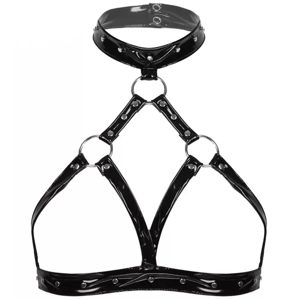 Sexy Women's Halter Neck Bandage Erotic Expose Breast Nipple Lingerie Latex Leather Sleeveless O Ring Buckled Open Cup Bras Tops