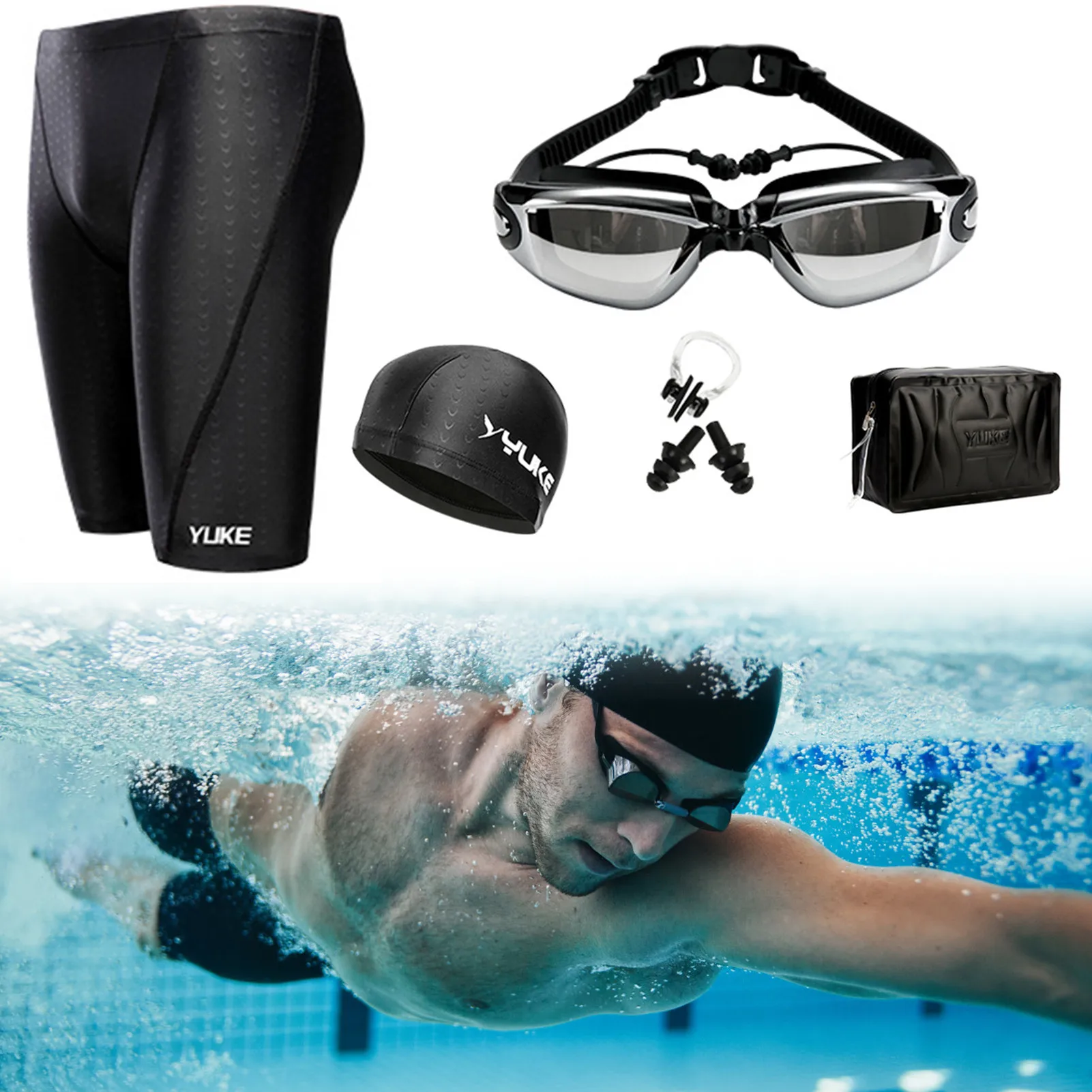 

Men's Swimming Set Professional Competitive Swimming Trunks Swim Cap Goggles Ear Clips Nose Plugs Carry Bag 2XL-5XL