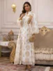 2025 Luxury Muslim Abaya White Base Gold Floral Embroidered Long Dress with Belted Waist Elegant Modest Islam Formal Wear Dubai