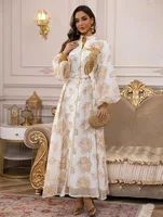 2025 Luxury Muslim Abaya White Base Gold Floral Embroidered Long Dress with Belted Waist Elegant Modest Islam Formal Wear  Dubai