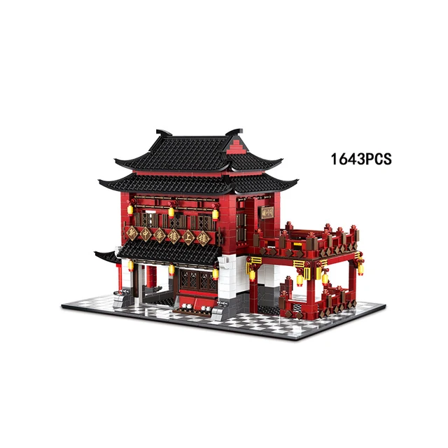 Chinatown Streetscape Architecture Build Block China City Street View Floor Upstairs Brick Toy Ancient Hotel Assemble Model 4
