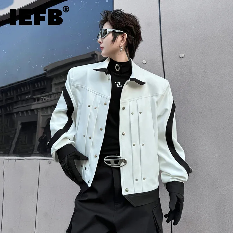

IEFB Men's Casual Jacket Coat Rivet 2024 New Fashion Turn-down Collar Single Breasted Contrast Color Male Clothing 9C5217