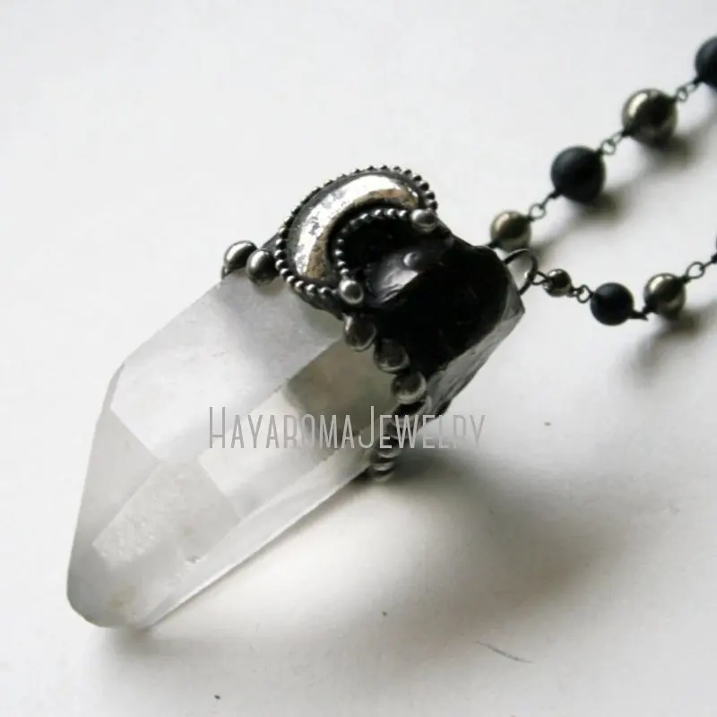 

NM43248 Massive Quartz Crystal Pyrite Moon Necklace Crescent Statement Halloween