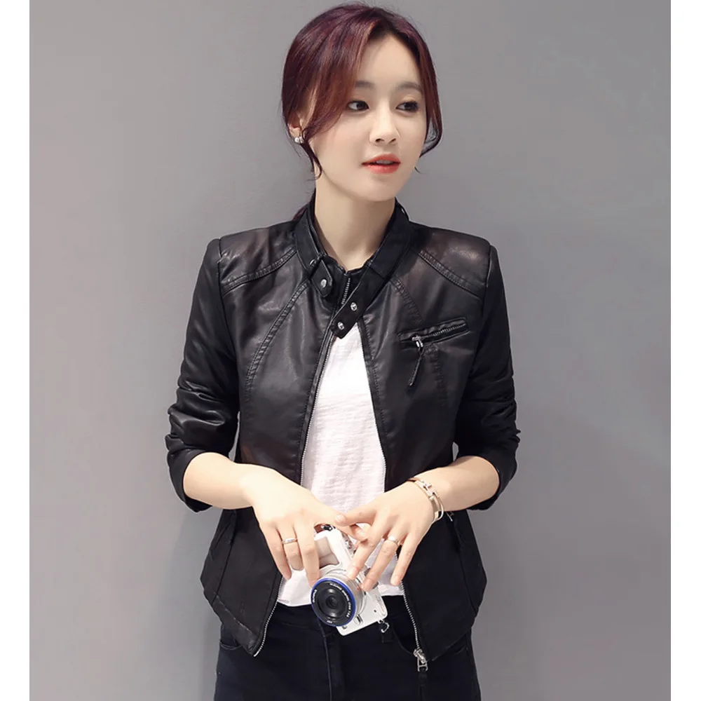 Long sleeved short washed slim fit 2024 spring and autumn zipper stand collar commuting PU leather jacket_voghion.com