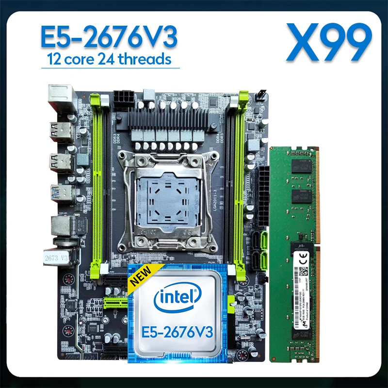 

JIESHUO Motherboard Set X99 (D4) +E5 2676V3+16GB Memory DDR3x2 Desktop Motherboard With On-Board CPU Core kit NV ME M.2 SATA