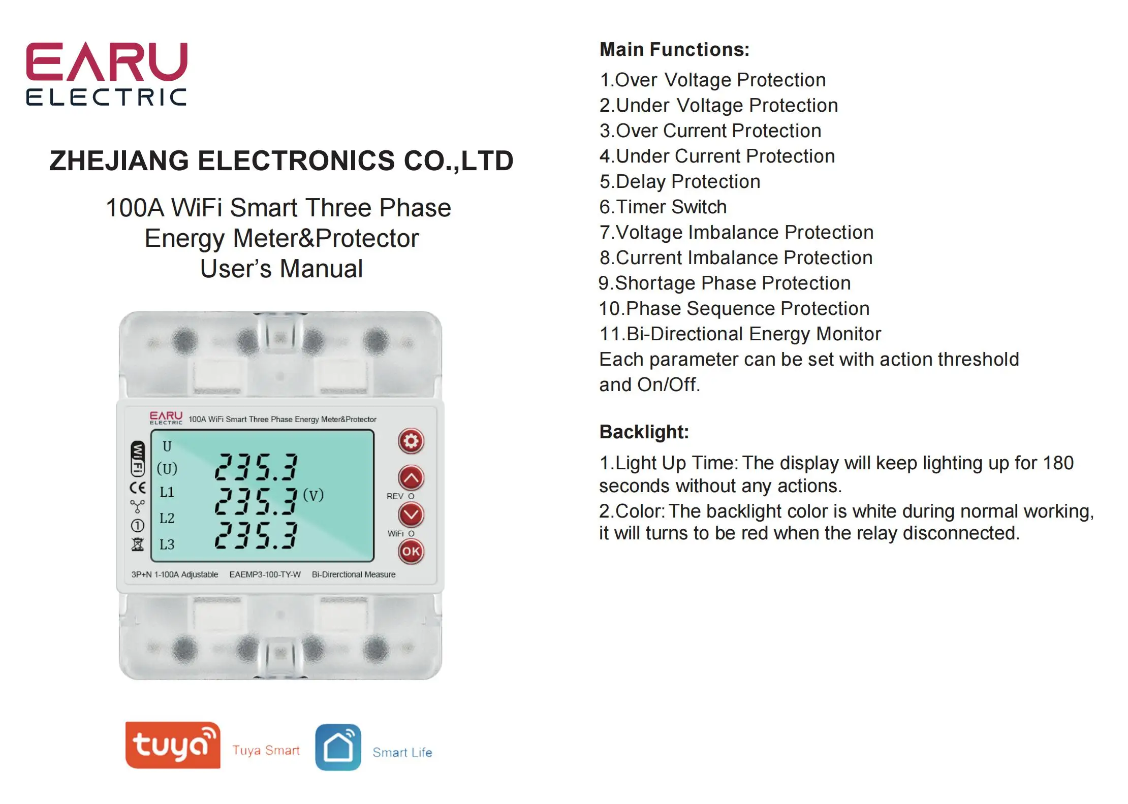 3 Phase 380V 100A Tuya WiFi Smart Bi-Directional Energy Power kWh Meter Over Und