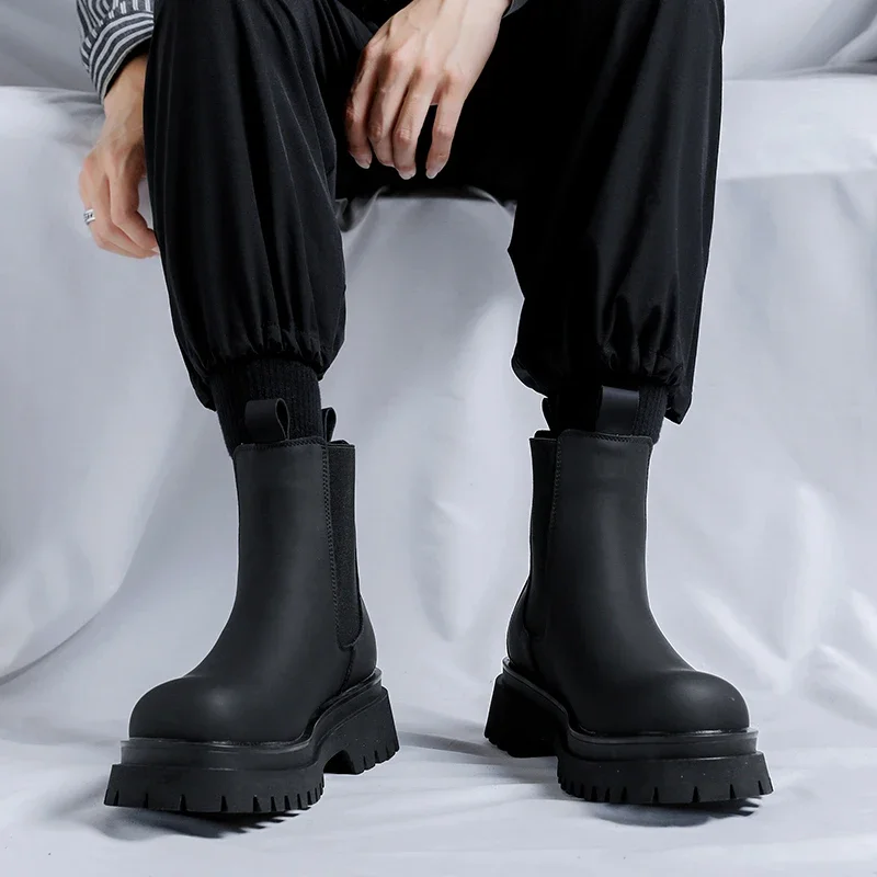 Platform High Top Boots Men High Heel Genuine Leather Ankle Chelsea Boots Men Punk Shoe Thick Bottom men chelsea boots men leather shoes