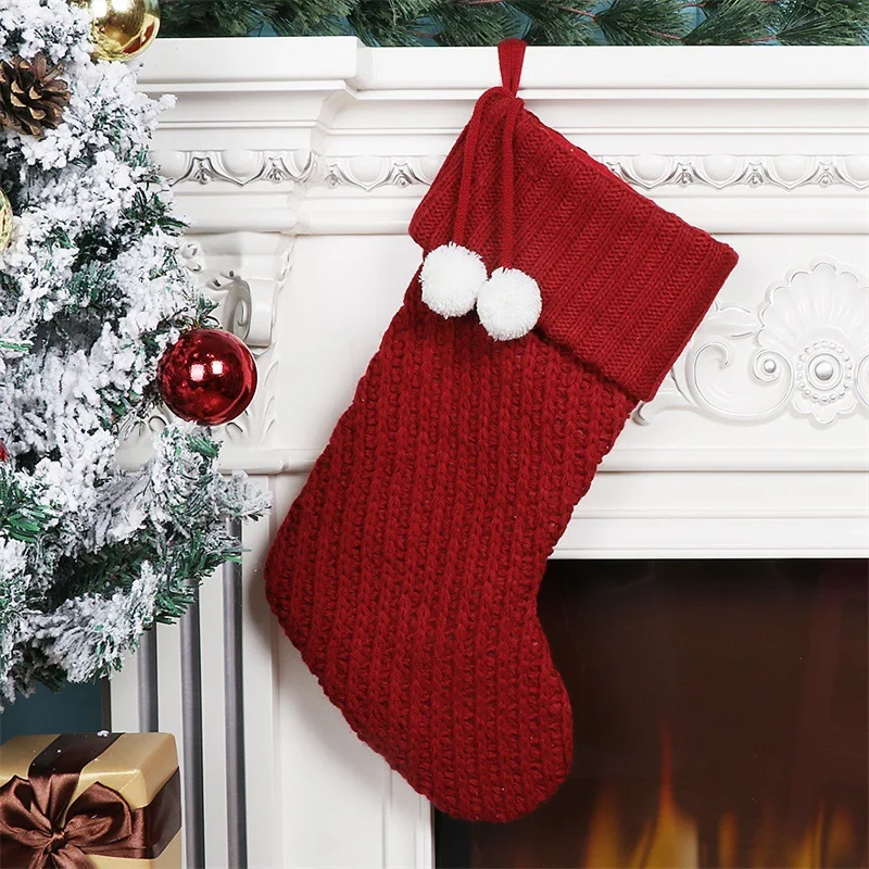 Knitted Christmas Stockings Decoration Christmas Gift Bag Fireplace Decoration Solid Color Socks Xmas Lovely Gift Bag