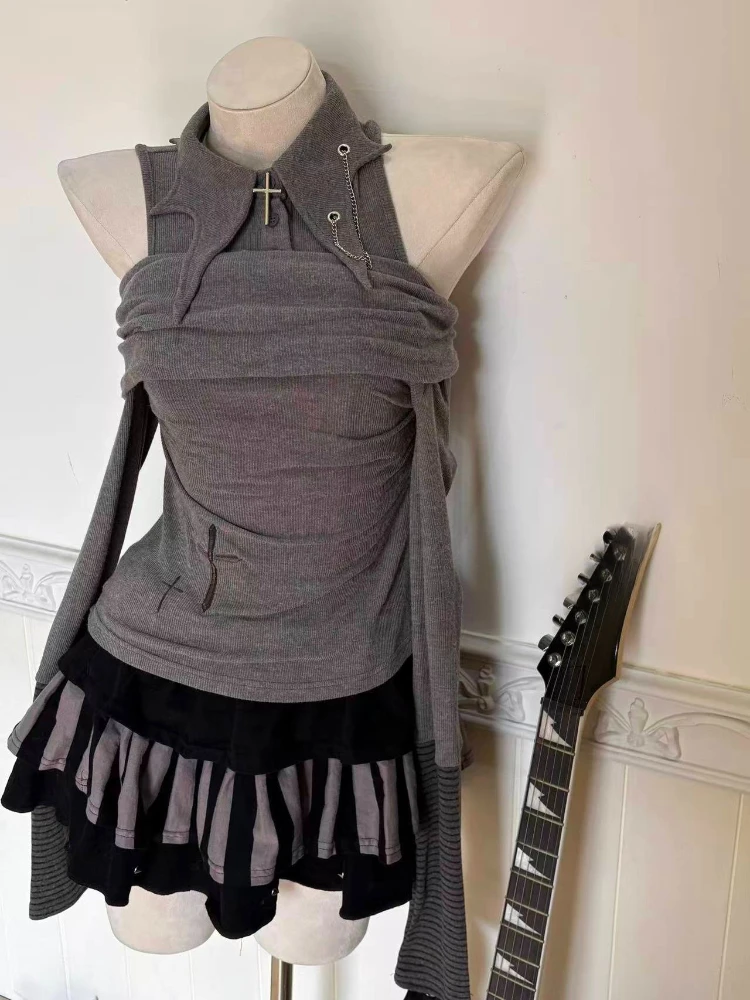 하라주쿠 섹시 슬림핏 티셔츠 여성 아메리칸 스타일 빈티지 페이크 투피스 탑 Y2K 에스테틱 패치워크 스트라이프 그런지 티셔츠 - AliExpress