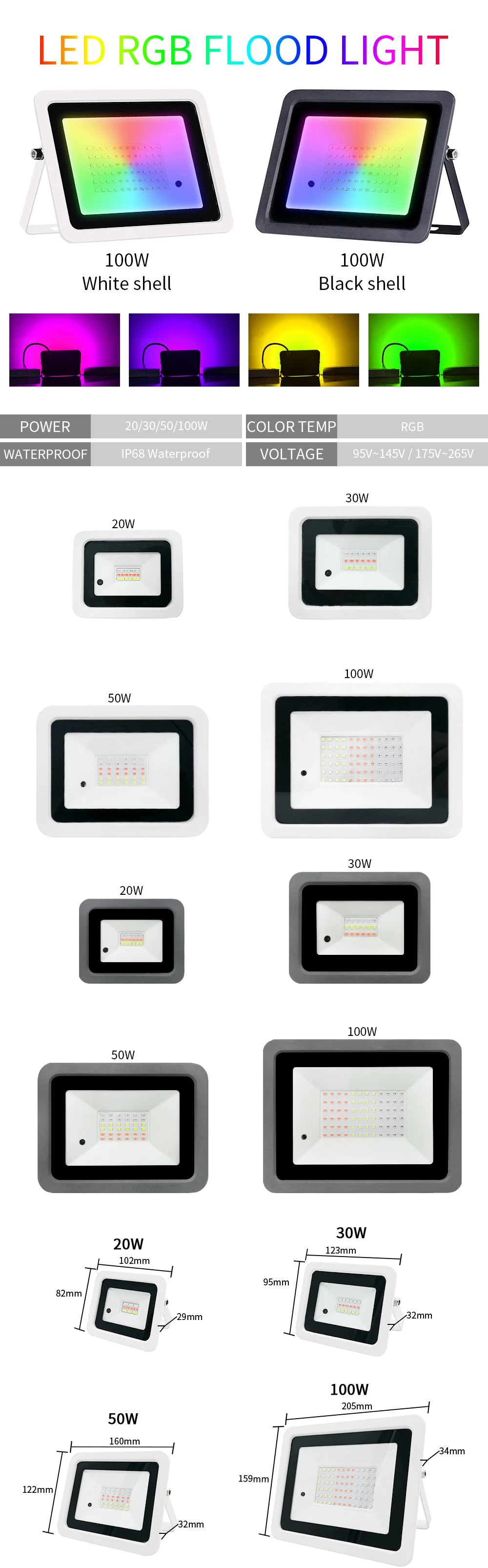 LED RGB Flood Light 100W 50W 20W AC220V IP68 Waterproof Sce9fb71324b14af7bc68578162ab21af4
