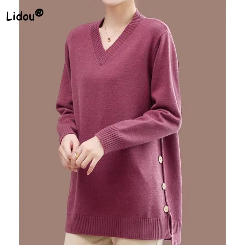Simplicity Trend Solid Long Sleeve Sweaters for Female Autumn Winter All-match Comfortable Button Spliced V-Neck Knitted Tops