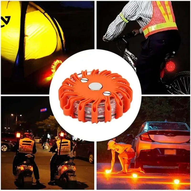 LED Road Flares Flashing Emergency Warning Light Rechargeable Waterproof Roadside Safety Disc Magnetic Base Flashing Flare Kit