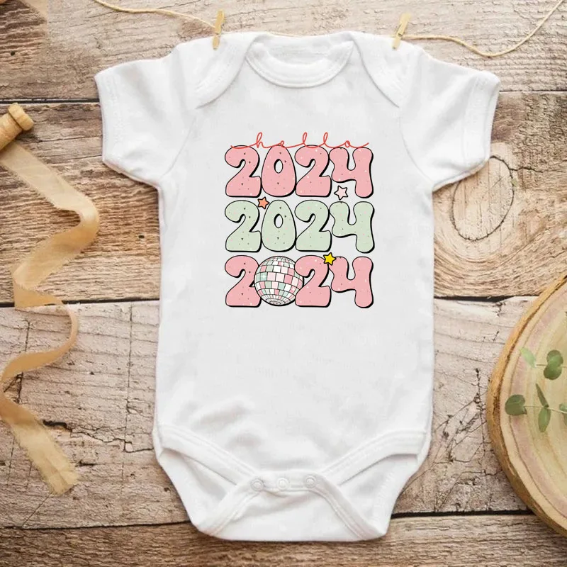 

Hello 2024 Baby Bodysuit infant Romper New Year Gift Toddler Short Sleeve Jumpsuit Boys Girls Clothes Newbron Shower Present