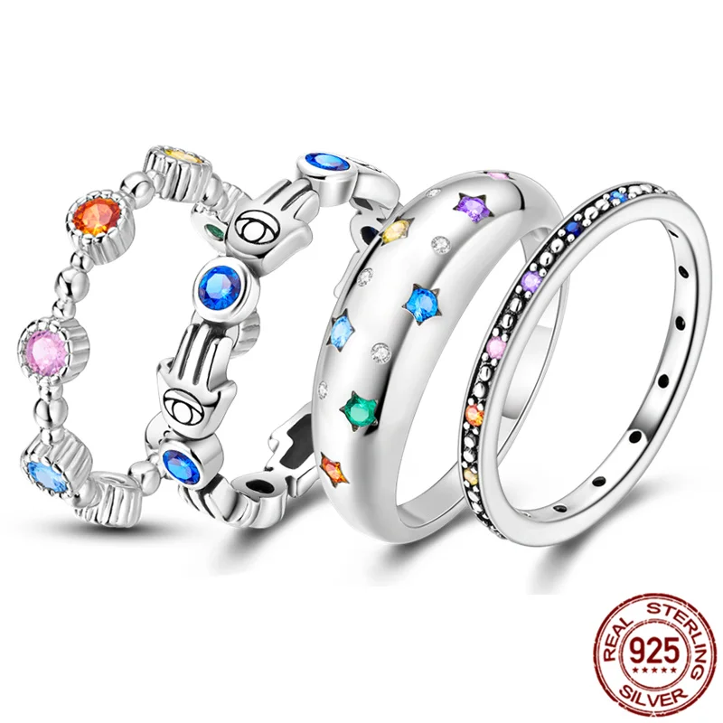 Size 9 Rings Sterling s925 Silver Princess Tiara Crown Multi-color Zircon Sparkling Love CZ Open Rings Wedding Jewelry Making