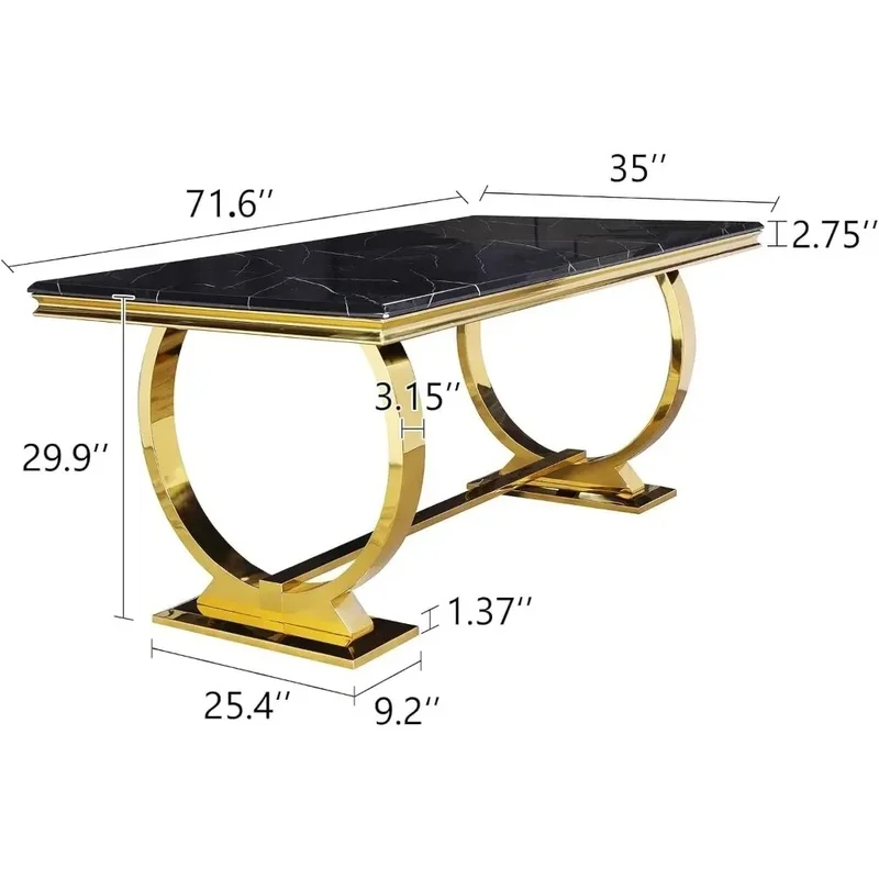 72 Inch Modern Dining Table Set with U-Base and 6 Black Velvet Upholstered Chairs