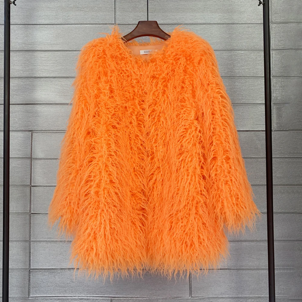 Fluffy Faux Fur Coat for Women Winter Jackets Female Long Sleeve Green Orange Sheep Fur Jacket Candy Color Festival Party Coats
