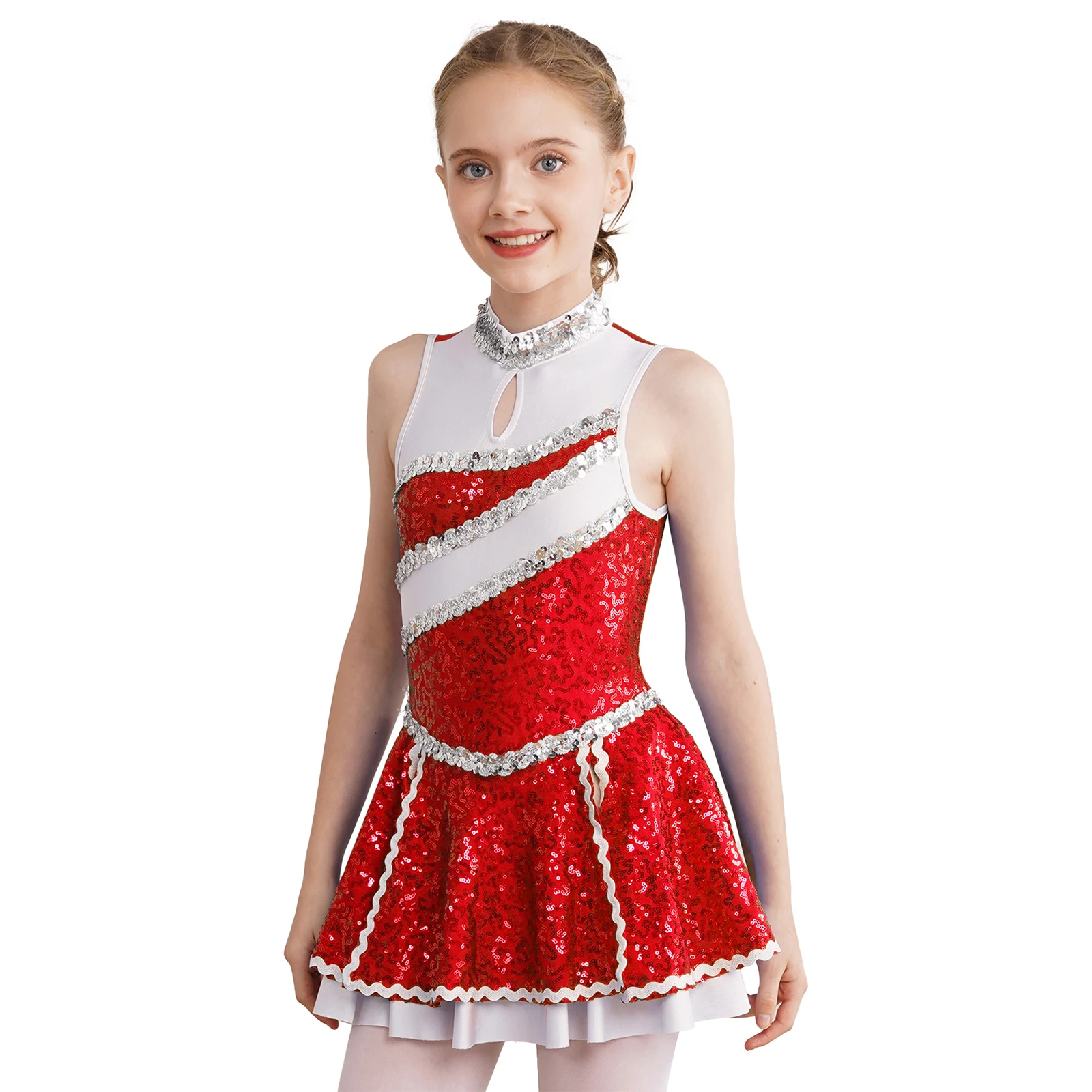 Kids Girls Cheerleading Uniform Schoolgirl Dance Costume Sleeveless Shiny Sequins Dance Dress Cheer Figure Skating Ballet Dress