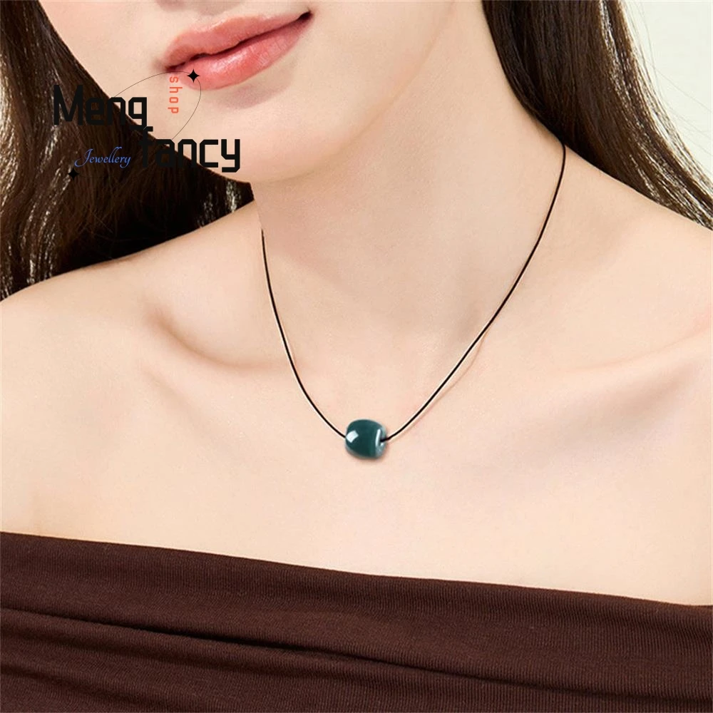 Exquisite Natural A-goods Jadeite Deep Blue Water Lutong Glutinous Ice Jade Barrel Beads Pendant Simple Popular Fashion Jewelry