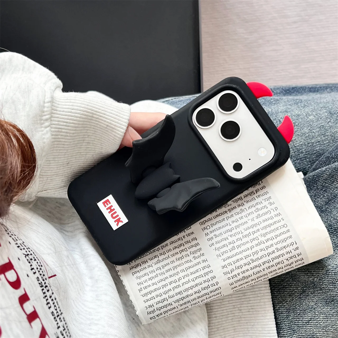 Cute 3D Cartoon Devil Bat Wings Phone Case with Bracket - Soft Cover