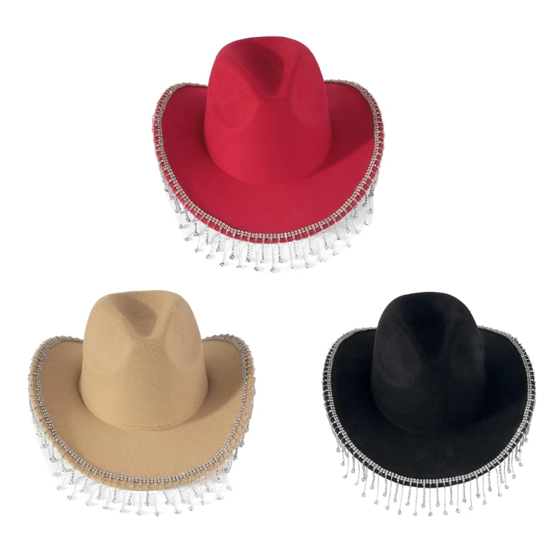 

Trendy Cowboy Hat Denims Hat with Sparkling Rhinestones and Fringe Detail for Outdoor Activities Parties Halloween Hat