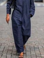 Gymdolphin Women's Navy Blue Coveralls Lapel Collar Long Sleeves Zippered Loose Jumpsuit 2025 Autumn Casual Streetwear Outfits - Image 6