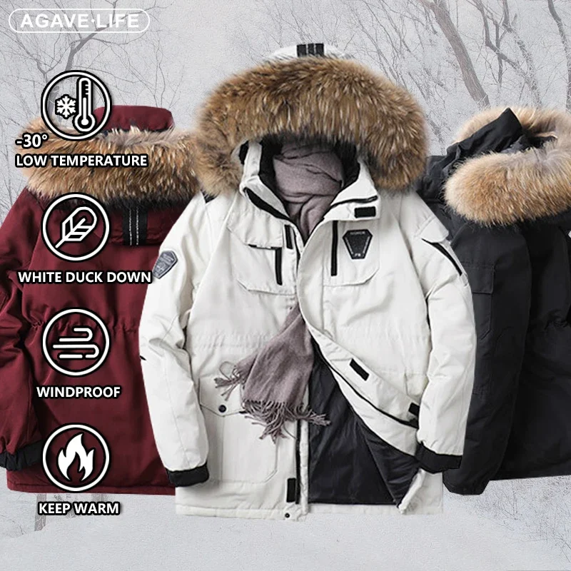 

-30 Degrees Winter Warm Down Coat Men Puffer Jacket Hooded Down Jackets Warm Thicken Couple Clothing Fur Collar Loose Outerwear