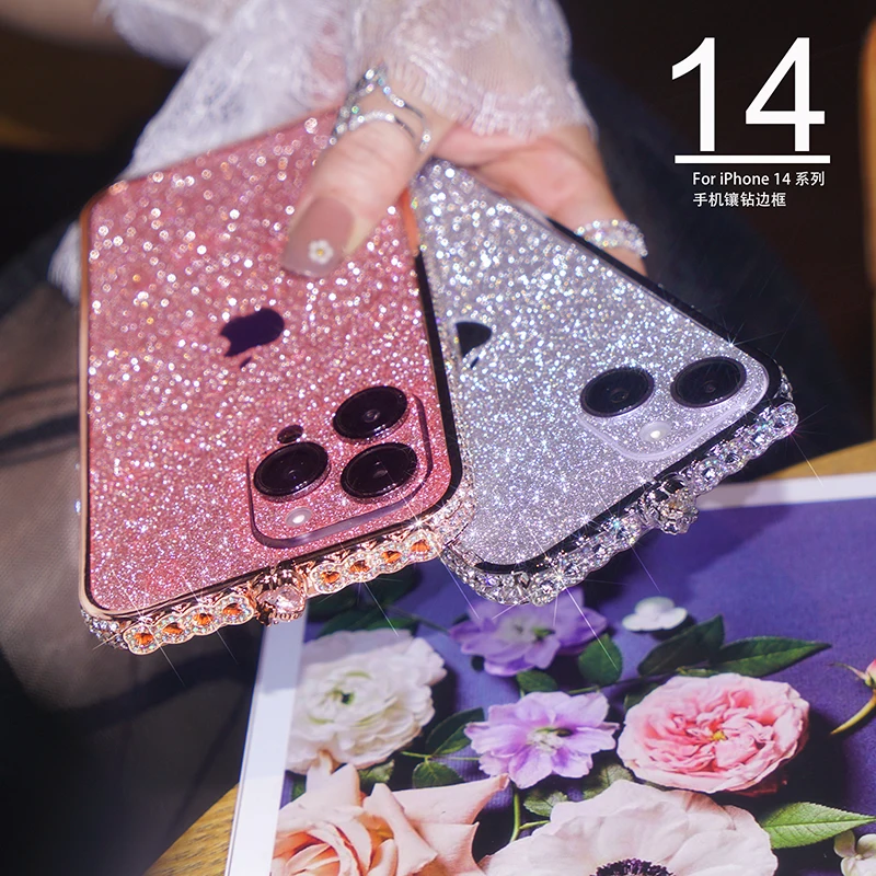 Luxury Glitter Case For iPhone 12 13 14 Pro Max Jewelled Plus Metal Frame Sticker Backplane X XS XR 7 8 Plus uncover Apple LOGO