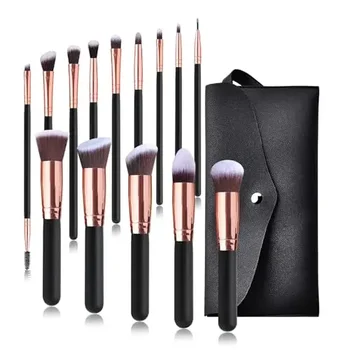 Set di Pennelli da Trucco 14 Pezzi, Pennelli Premium con Manico in Legno Sintetico per Viso e Occhi, per Fondotinta, Cipria, Correttori, Blush, Ombretto