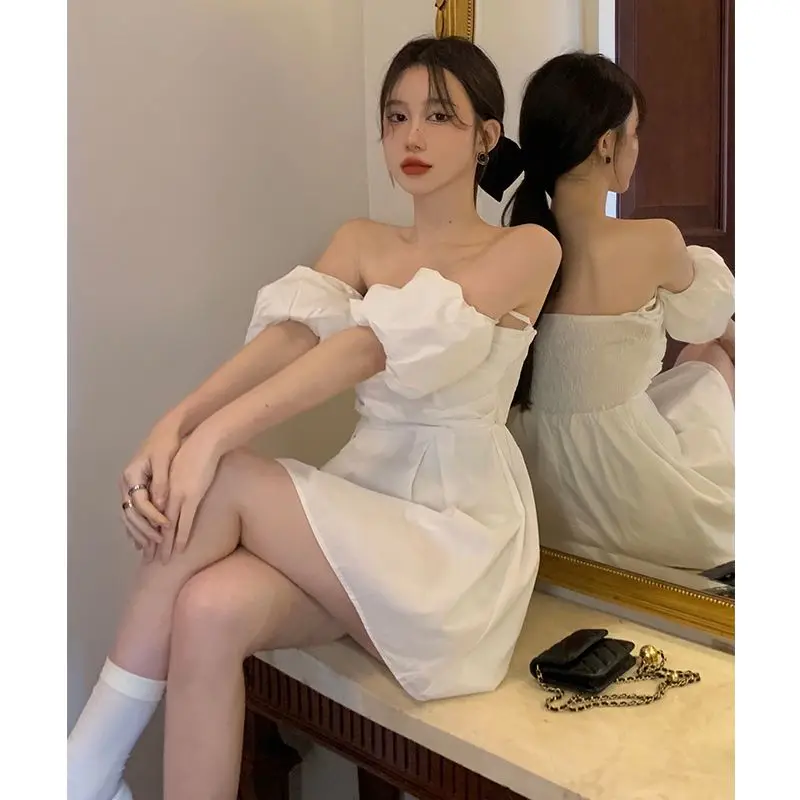 

White Off-shoulder Bubble Sleeve Dress Sweet and Spicy A-line Skirt Women's Summer New Korean Version of the Fashionable Skirt
