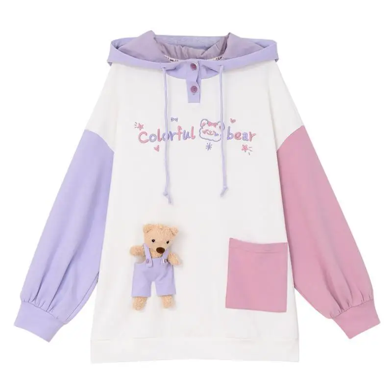 Kawaii Bear Plush Toys Hooded Sweatshirts 2024 Autumn Long Sleeve Top Sweet Girls Clothes Patchwork Hoodies Femme Harajuku Kpop