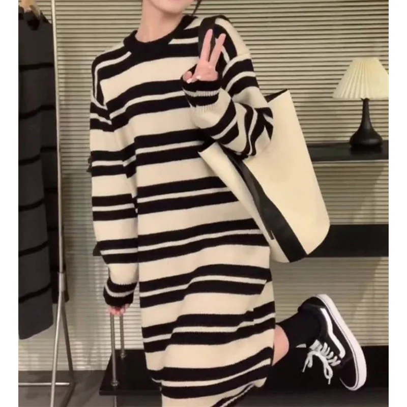

2023 New Korean Fashion Women Long Knitted Dress Autumn Winter Thick Warmer Striped Loose Midi Dress