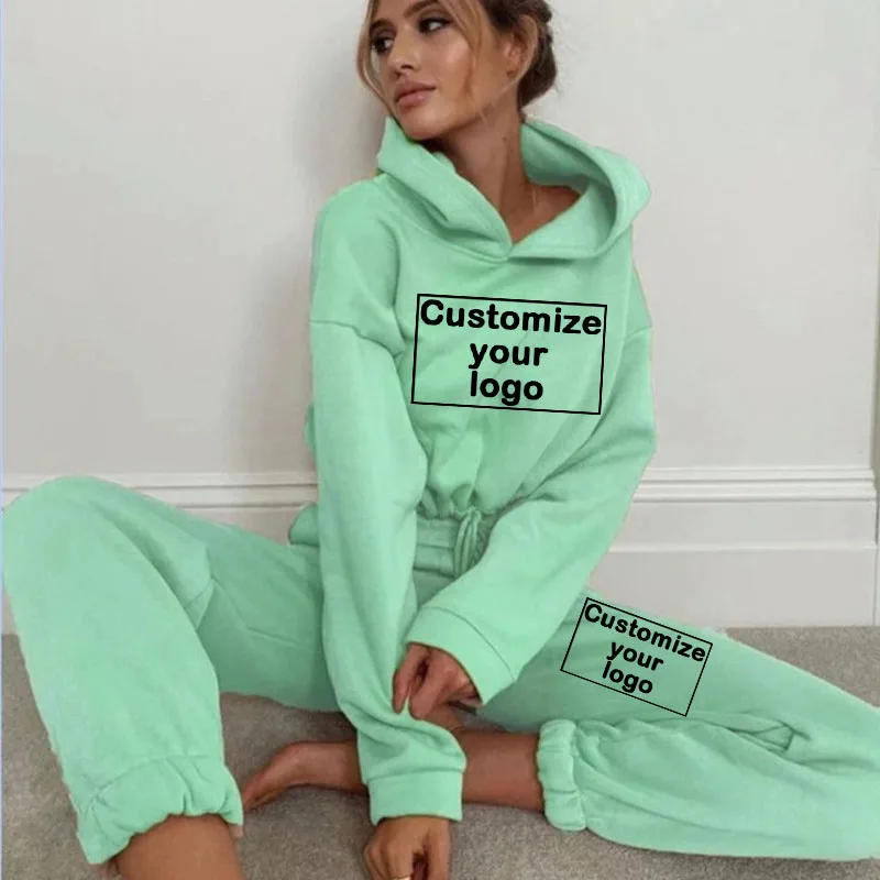 Customized women's sportswear with your logo a two-piece set of hoodies and pants casual hooded and sexy open navel sportswear