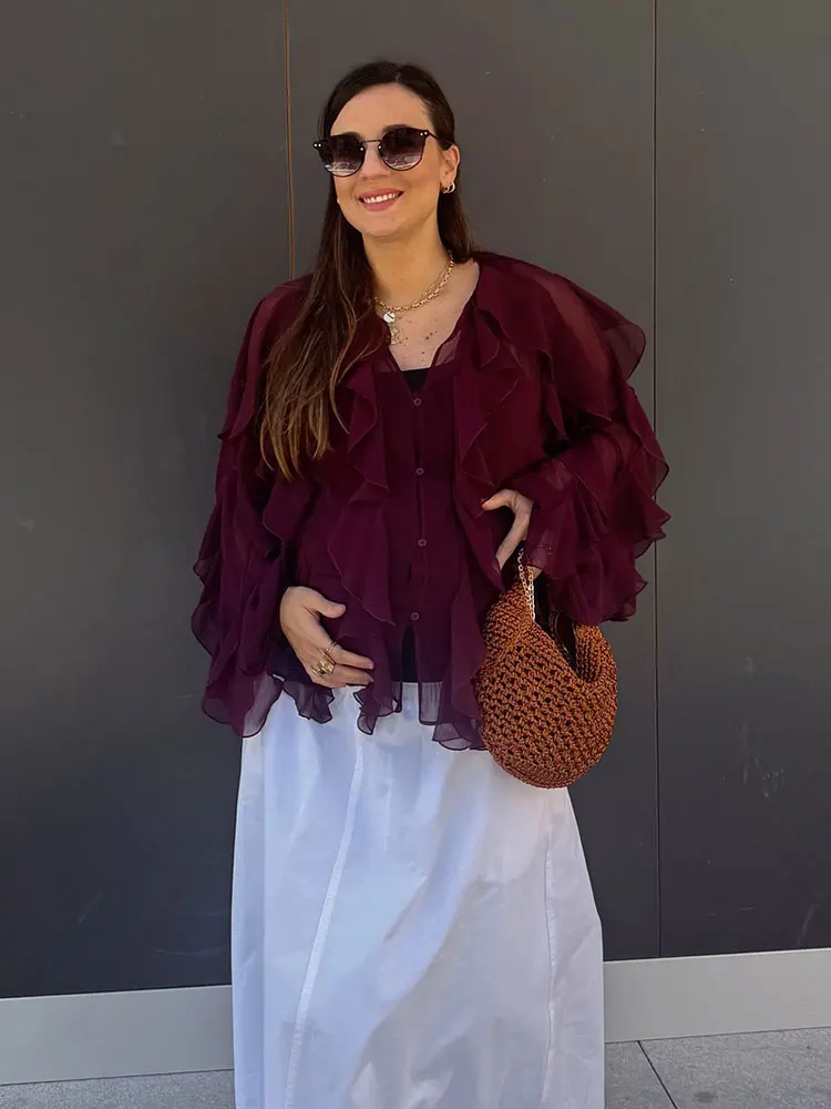 HH Women Fashion Translucent Ruffles Blouses Elegant Solid V Neck Single Breasted Shirts Spring Summer Hollow Out Chic Tops