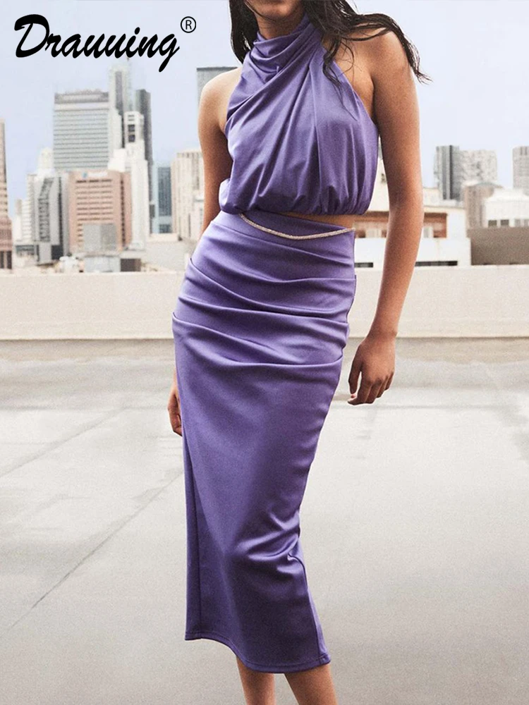 Drauuing Sciarpa in due pezzi viola Se Sci estivo da donna Outfi Set di sci al ginocchio con spalle scoperte e abbinamento casual_voghion.com