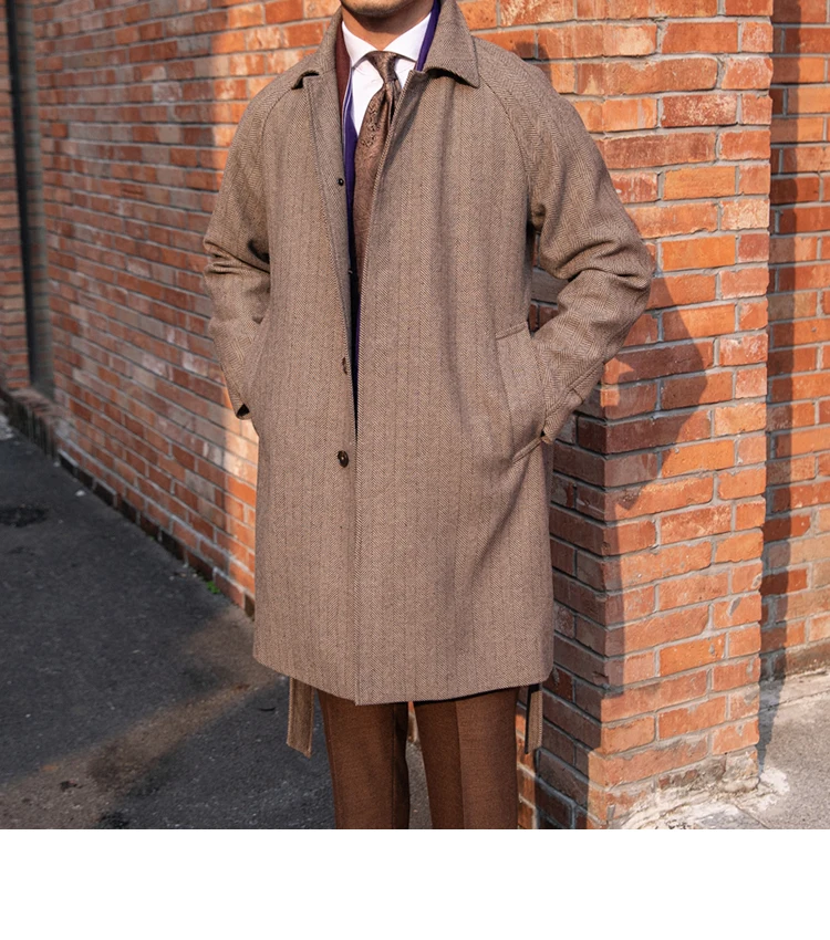 Men's Winter Coat Tweed Wool Balmaccan Long Slim Fit Elegant