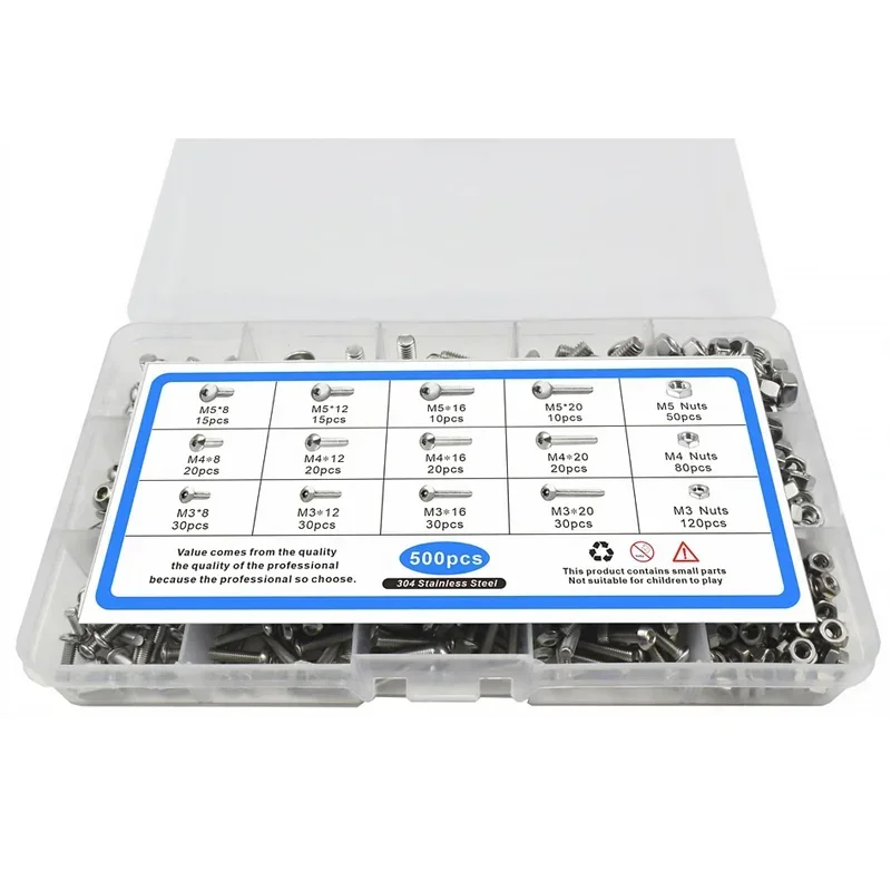 500pcs/Box M3 M4 M5 12Sizes Allen Hexagon Hex Socket Head Cap Flat Countersunk Screw Bolt Nut Set Kit Box 304 A2 Stainless Steel