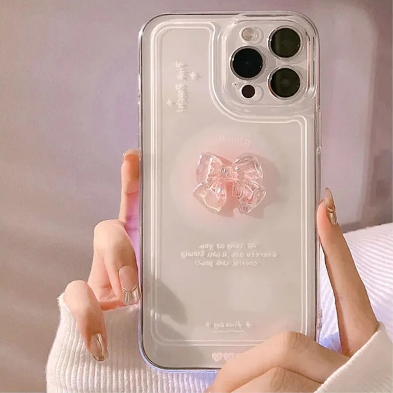 thumbnail image 1 of Funda de teléfono transparente con lazo 3D coreano para iPhone 16, 15, 14, 13, 12, 11 Pro Max, XS, X, XR, 7, 8 Plus, 13 MINI, funda transparente bonita con diseño de caramelo, 1 of 4