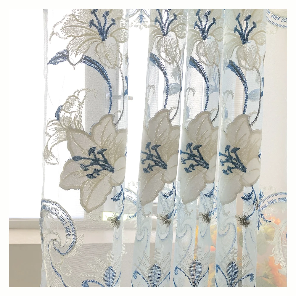 Elegant Light Blue Floral Sheer Embroidered Curtains For Living Room Bedroom Lace Window Treatment Voile Panel Drape 