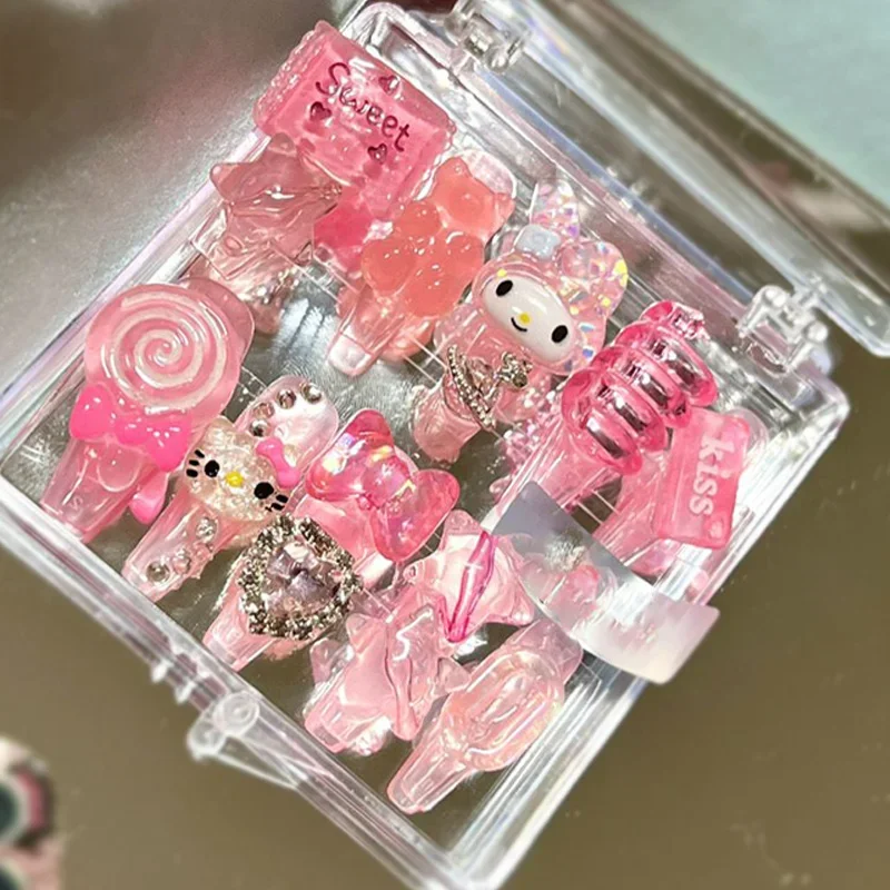 

1set Sanrio Nail Sticker Hello Kitty Anime Resin Cute Cool Girl Detachable Shiny Fake Nail Patch Kawaii Kids Toy Decoration Gift