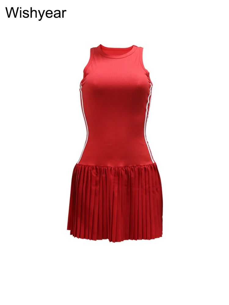 New Fashion O-neck Sleeveless Side Striped Ribbed Pleated Mini Dress for Women Sexy Slim Night Club Tank Summer Birthday Robe 5