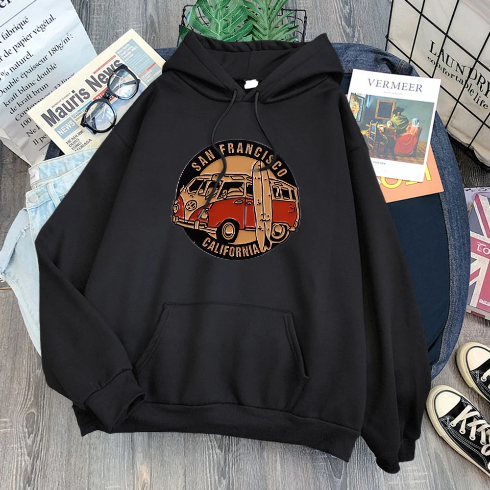 

San Francisco California Vintage School Bus Sweatshirt Man Oversize Crewneck Hoodies Pattern Fitness Clothes Autumn Fleece Hoody