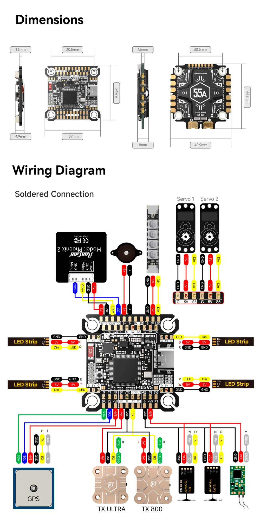 SpeedyBee F405 V5 Stack FC 32BIT 55A ESC 3-6S pour Drone FPV