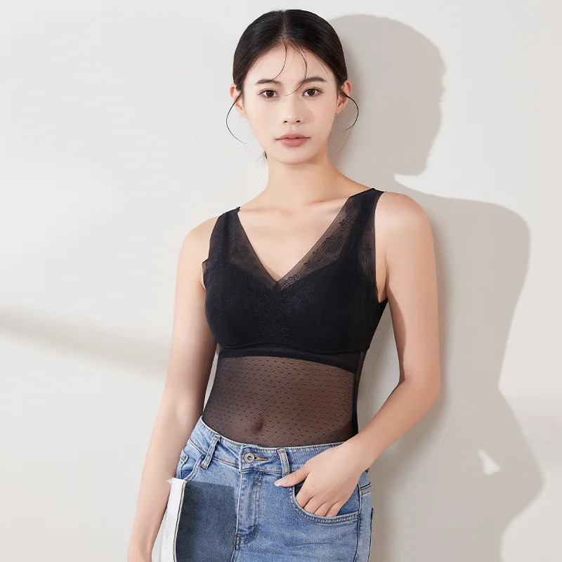 

Thin Mulberry Silk Mesh Suspender Vest for Women with Sexy Lace Wrapped Chest Tank Removable Pad Semi Transparent Base Underwear