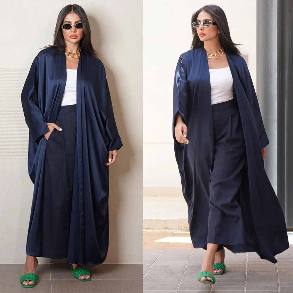 

Modest Muslim Dress Dubai Silk Satin Batwing Sleeve Moroccan Kaftan Casual Loose Open Abaya Kimono Turkish Islamic Clothing Robe